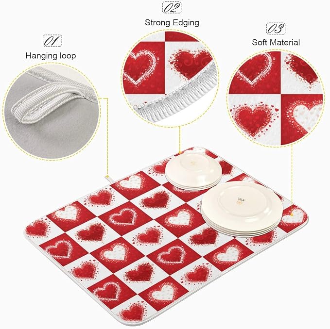 Valentine's Day Love Heart Red Buffalo Plaid Dish Drying Mat 16x18 - Image 4