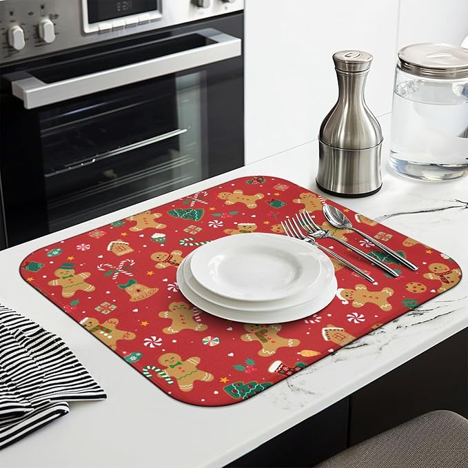 Christmas Kitchen Countertop Dish Drying Mat, Washable Absorbent Countertop - Image 3