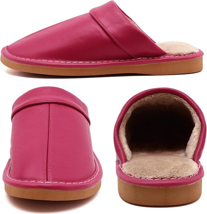Slippers for Women Men, Genuine Leather Slippers Indoor Outdoor, Fuzzy Bedroom - Image 3