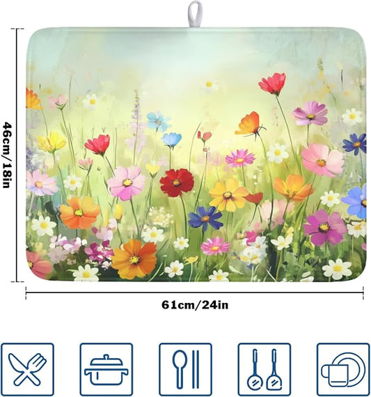 Spring Summer Daisy Dish Drying Mat 18 x 24 Inch Colourful Floral Pattern Dish - Image 2