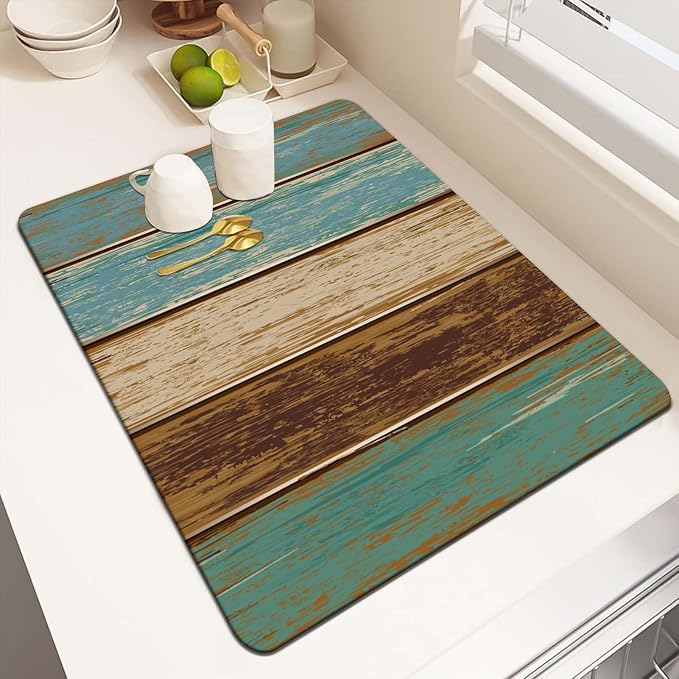 MCALK Teal Dish Drying Mat for Kitchen Counter, Wood Pattern Dish Drying Pad by MCALK