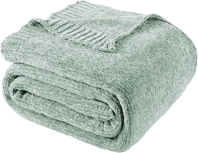 BATTILO HOME Sage Green Throw Blanket for Home Decor, Chenille Knit Throw Blanket for Couch, Sofa, Chair, Cozy Soft Blanket, 51"x67"
