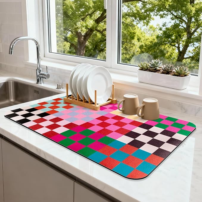 Checkered Dish Drying Mat for Kitchen Counter Coffee Mat Bar Accessories by Unknown