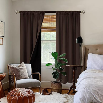 BGment Thermal Insulated 100% Blackout Curtains for Bedroom with Black Liner, Double Layer Full Room Darkening Noise Reducing Rod Pocket Curtain (52 x 72 Inch, Brown, 2 Panels)