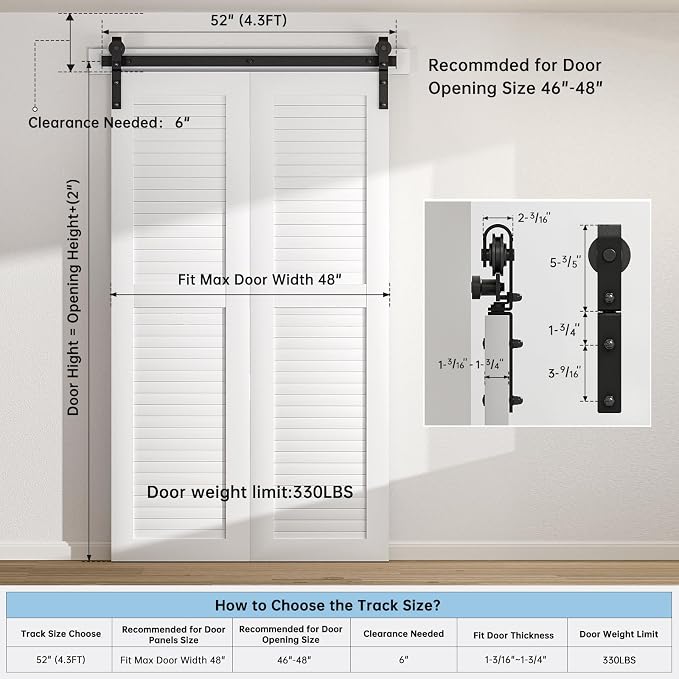 52" Bi-Folding Sliding Barn Door Hardware Track Kit, Smoothly&Quietly, Side - Image 2