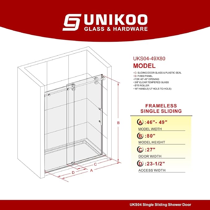 46-49 Inch x 80 Inch Sliding Frameless Shower Door, 3/8" Tempered Glass - Image 2