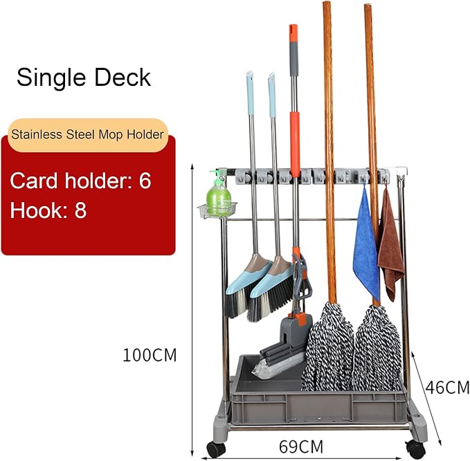Movable Commercial Mop Rack, Floor Standing Cleaning Tool Cart Storage - Image 2