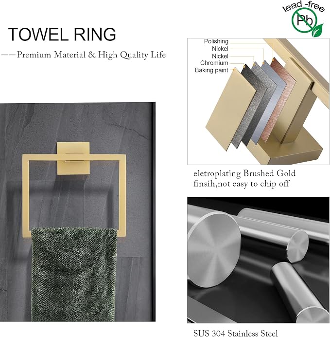 TNOMS 5-Piece Bathroom Hardware Set 23.6 Inch Gold Towel Bar Set Towel Bar - Image 3