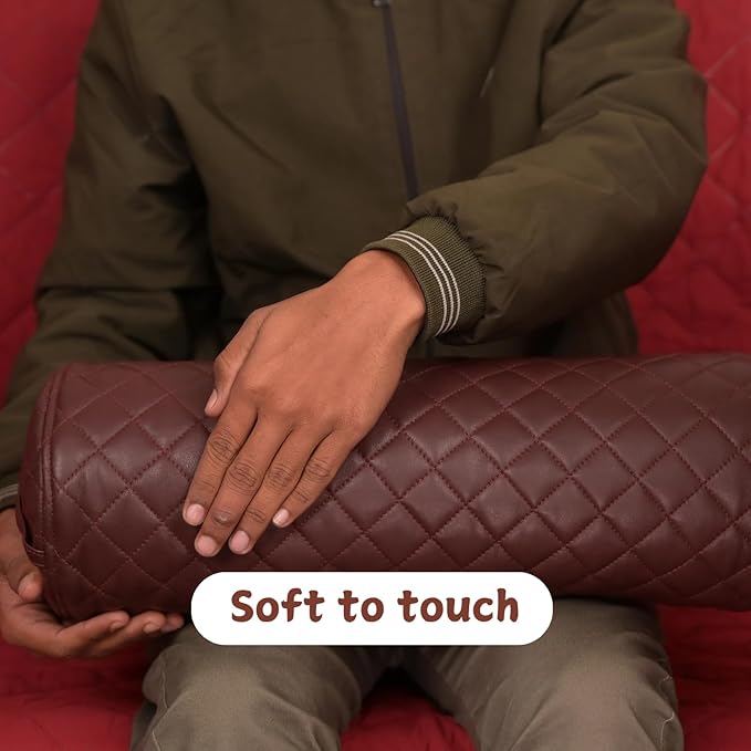 Neck Roll Pillow Cushion Cover, 24x6 Inch Full Moon Round Bolster Pillow Case, Cylinder Soft Lambskin Leather Pillowcase for Head, Spine & Neck Support During Sleep - Quilted Dark Brown Pack of 2
