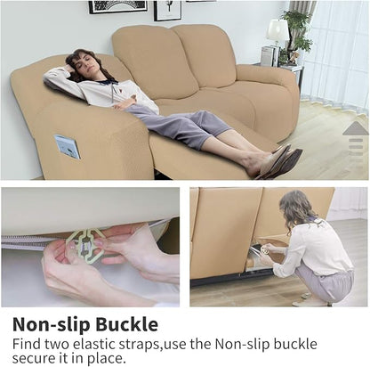 Easy-Going 6 Pieces Recliner Loveseat Stretch Sofa Slipcover Sofa Cover Furniture Protector Couch Soft with Elastic Bottom Kids, Spandex Jacquard Fabric Small Checks Sand
