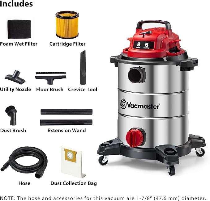 Vacmaster VOC812SF 1101 8-Gallon Premium Stainless Steel Wet/Dry Vacuum - Image 2