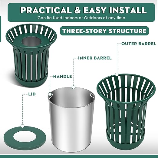 25.2IN Round Large Outdoor Trash Can, Heavy Duty Metal Slatted Garbage Can - Image 6