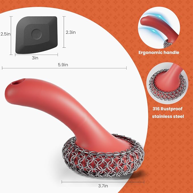 Cast Iron Scrubber with Long Handle | 316 Cast Iron Cleaner Chainmail Scrubber - Image 5