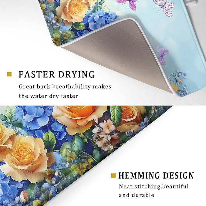 Spring Blue Yellow Hydrangeas Flowers Dish Drying Mat - Image 3