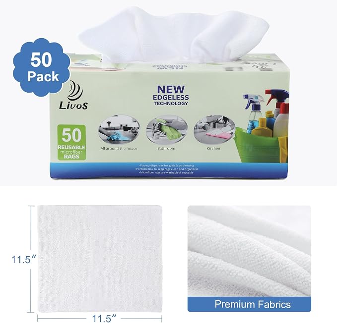 LIVOS 50 Pack Microfiber Cleaning Cloth in Box, Reusable Cleaning Rags - Image 2