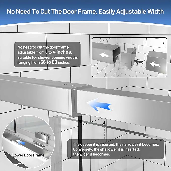 56-60" W x 71" H Pivot Glass Shower Door, 1/4" Thick Clear SGCC Tempered Shower - Image 6