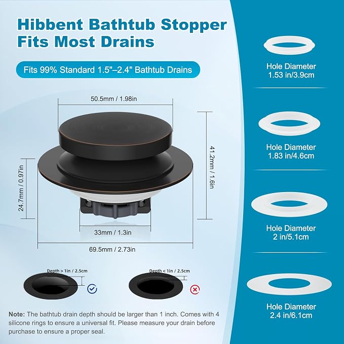 Hibbent 2 Pack 3 in 1 Metal Bathtub Drain Stopper, Universal Pop Up Tub Stopper - Image 3