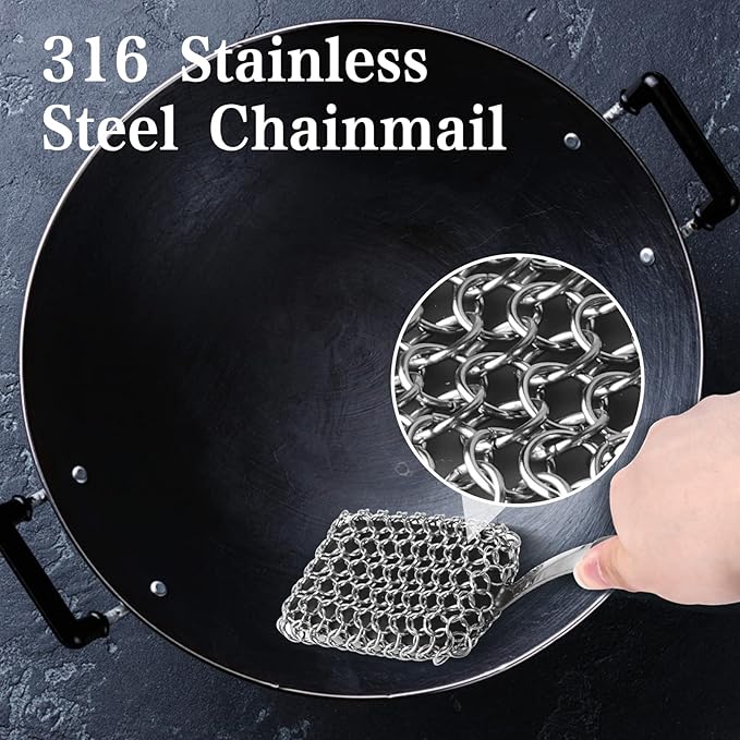 Cast Iron Scrubber Brush with Handle Cast Iron Cleaner Chainmail Scrubber + Pan - Image 5