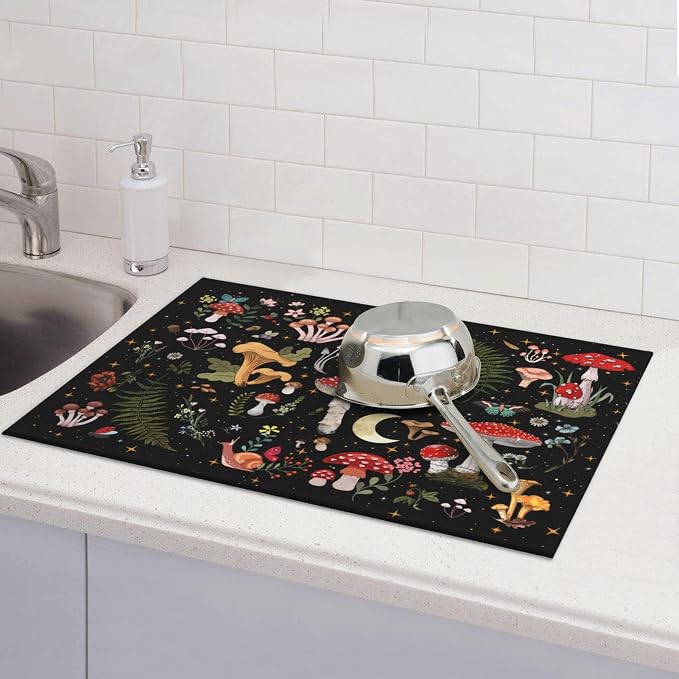 Mushroom Dish Drying Mat for Kitchen Counter 18"x24" Moth Gothic Witchy Dishes - Image 2
