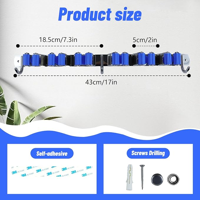 BigKing Mop Broom Holder Wall Mounted, 6 Racks 3 Hooks Heavy Duty Stainless - Image 2