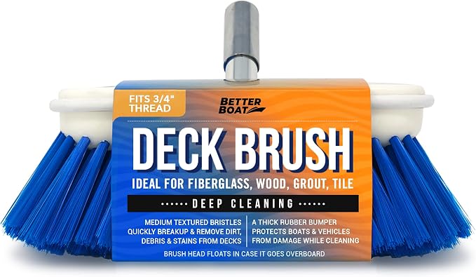 Medium Boat Deck Brush, Heavy-Duty Marine Brush Head, 3/4" Thread Handle by BetterBoat