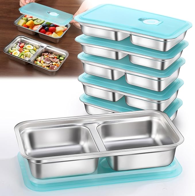 6 Pack Stainless Steel Snack Containers Reusable, Grab and Go 2 Compartment by Tikmos