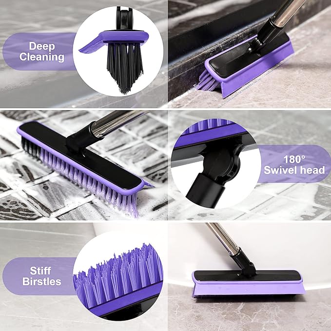 Grout Cleaner Brush with Long Handle, V-Shaped Floor Scrub Brush Swivel Grout - Image 5