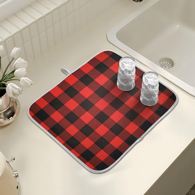 Christmas Red Black Buffalo Plaid Dish Drying Mat - Image 7