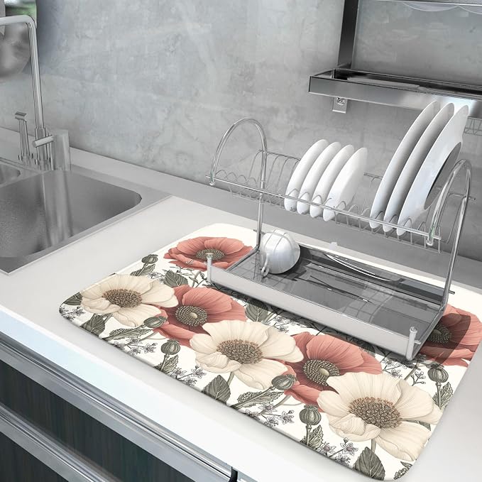 Floral Dish Drying Mat for Kitchen Counter 24x18 Inch Beige Pink Big Flower - Image 2