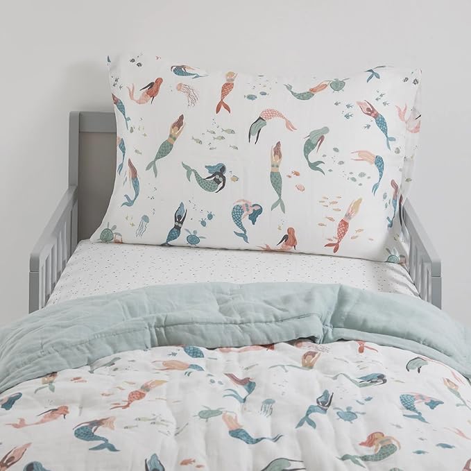 Little Unicorn Toddler Bedding 3-Piece Set | Super Soft & Breathable Muslin Fabric | for Convertible Cribs & Toddler Beds (Mermaid Party)