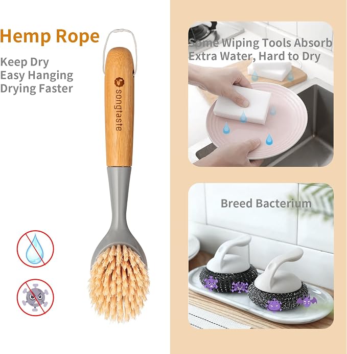 2 Pack Kitchen Dish Brush Bamboo Handle Dish Scrubber Built-in Scraper - Image 2