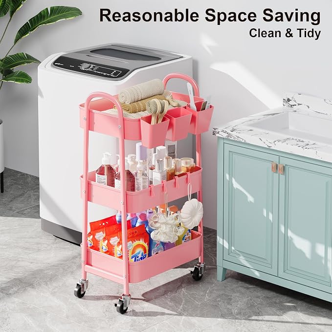 3 Tier Metal Rolling Cart with Lockable Wheels and Handle, Three Tiered Pink - Image 4