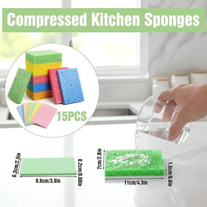 15 Pcs Cellulose Sponges Kitchen, 5 Colors Non-Scratch Colorful Sponges - Image 2