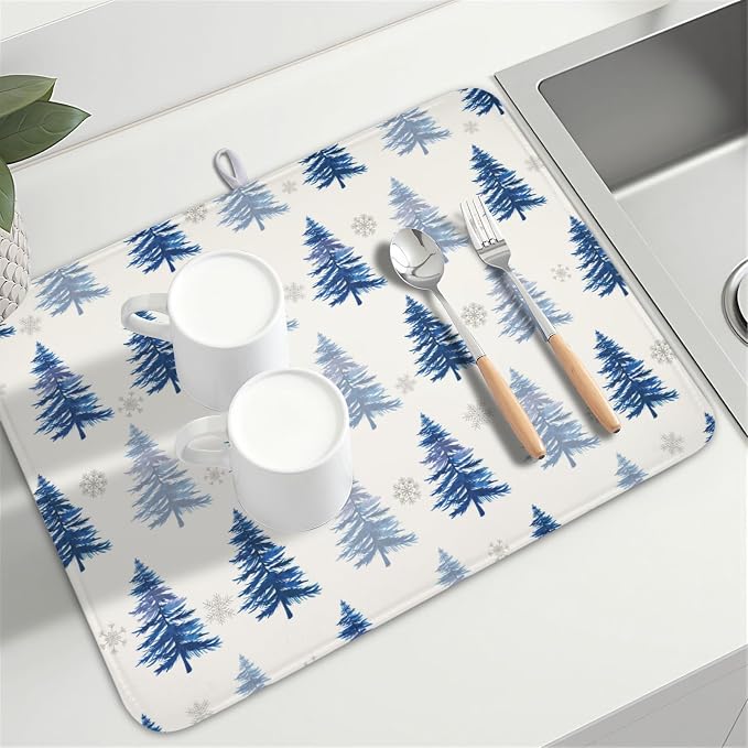 Winter Dish Drying Mat 18 x 24 Inch Blue Tree Dish Drying Pad Absorbent - Image 8