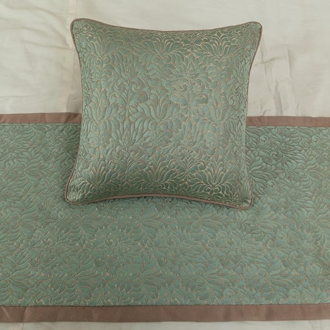 The HomeCentric King/Queen/Twin Blue & Beige Designer Full 68"x18" Bed Runner with Pillow Cover, Damask Bed Scarf on Jacquard Fabric - Arabella