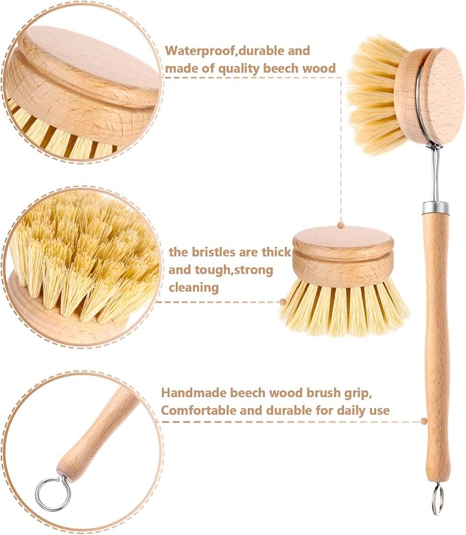 Boao Dish Brush with Beechwood Handle with 2 Replacement Heads Natural Wood - Image 3
