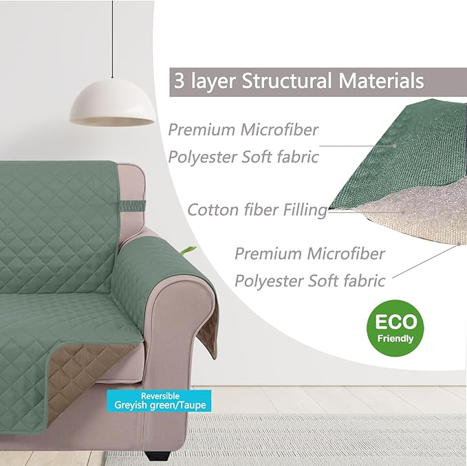 U-NICE HOME Loveseat Sofa Cover Reversible Couch Covers for 2 Cushion Couch for Dogs Furniture Protector Cover with Elastic Straps Water Resistant(Loveseat Small, Greyish Green/Taupe)