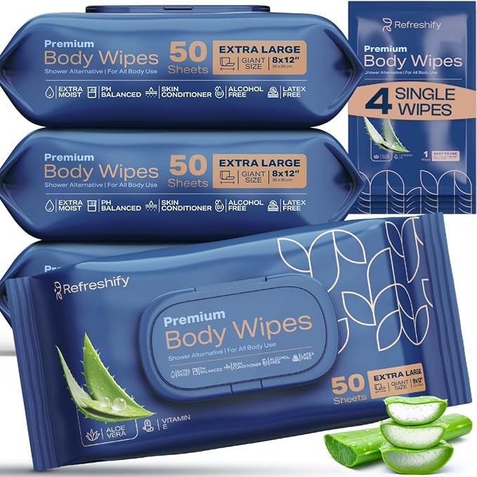XL Aloe Vera Shower Body Wipes for Adults 8" x 12" Adult Wipes for Elderly by AllSettHealth