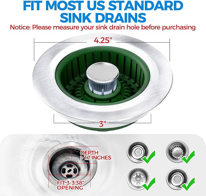 Upgraded 3in1 Kitchen Sink Drain Strainer & Sink Stopper, Stainless Steel - Image 6