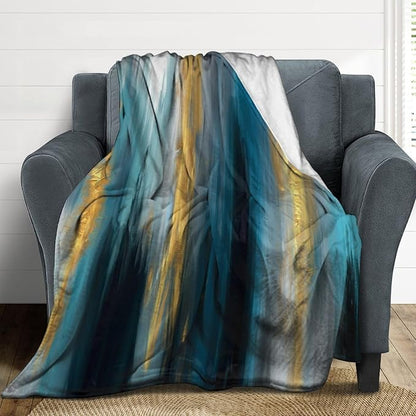 Fashion Gradient Blanket, Modern Abstract Art Gold Lake Blue Painting Strokes Pattern Soft Warm Cozy Plush Flannel Covers for Livingroom Bedroom Couch Chair Camping Travel Home Decor Tapestry 40x50in