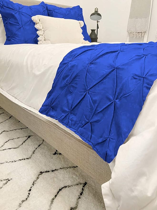 Bed Runner Set - 100% Pure Cotton 800 Thread Count - Luxury 1 Pinch Pleated Bed Runner and 2 Pillow Cover - 3 Piece Pinch Pleated Bed Runner Set Twin, Royal Blue