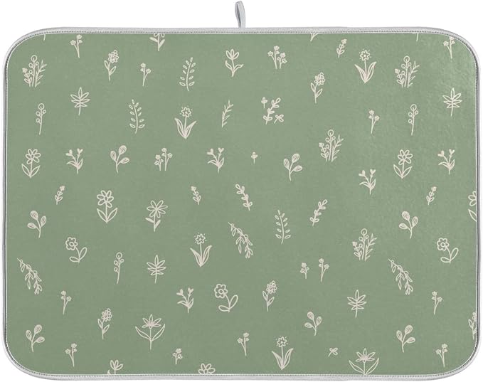 Sage Green Dish Drying Mat Quick Absorbent 16x18 Doodled Botany Flowers Leaves by Wamika