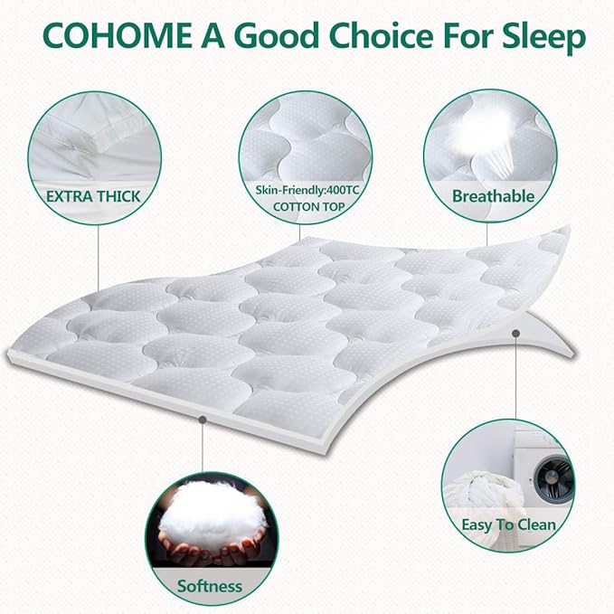 COHOME Mattress Topper Queen 1300 GSM Extra Thick Cooling Mattress Pad 400TC Cotton Top Plush Down Alternative Fill Pillow Top Mattress Cover (60x80 Inches, White-Luxury)