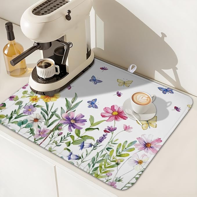 Wildflower Dish Drying Mat for Kitchen 18x16 Inch Colorful Floral Butterfly - Image 6
