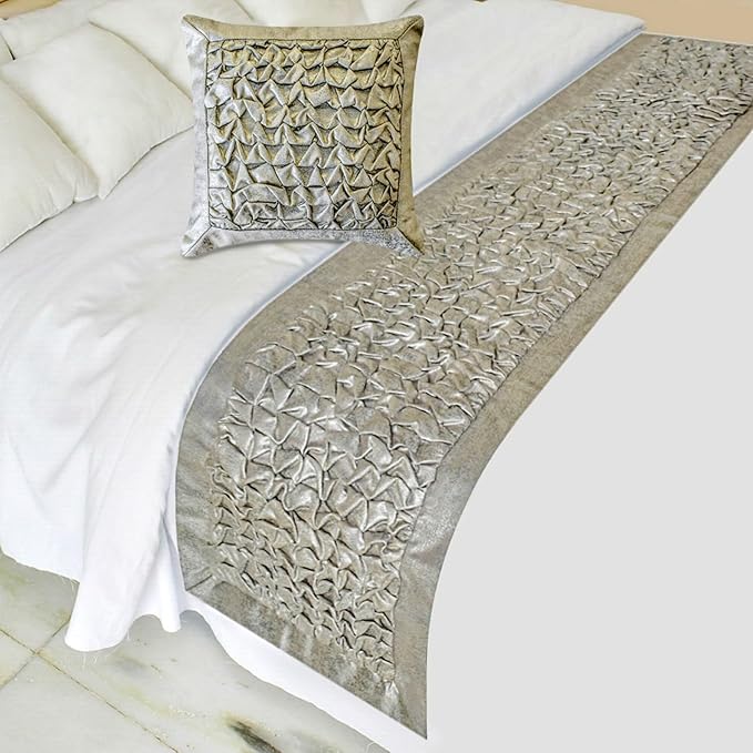 The HomeCentric King/Queen/Twin Silver Decorative Bed Runner King 90"x18" Bed Runner Without Pillow Cover, Foil, Knotted,Textured Bed Scarf on Jacquard Fabric - Polished Silver