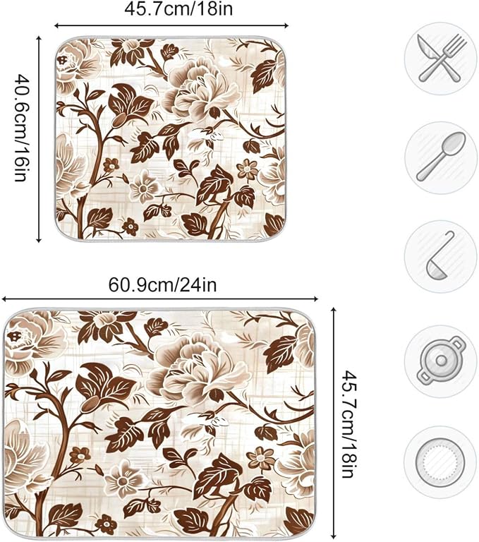 Brown Beige Floral Leaves Dish Drying Mat - Image 3