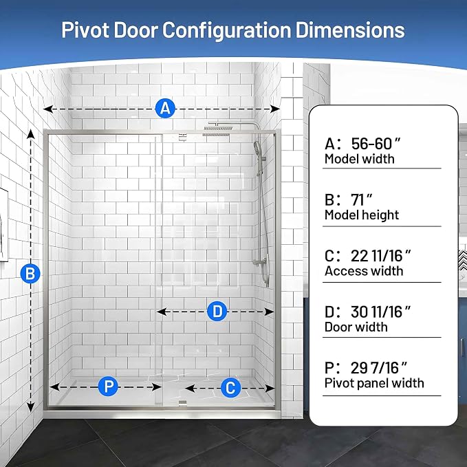 56-60" W x 71" H Pivot Glass Shower Door, 1/4" Thick Clear SGCC Tempered Shower - Image 2