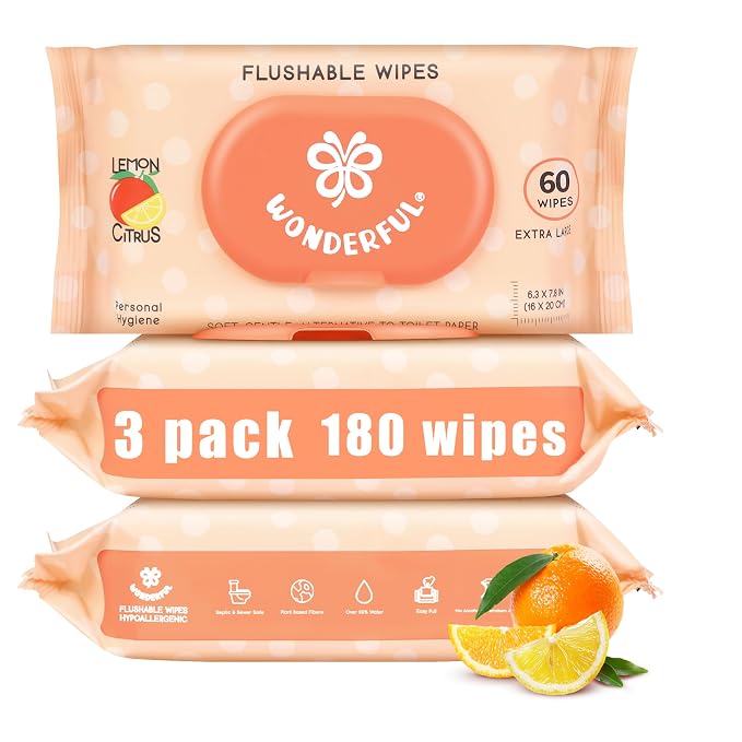 WONDERFUL Flushable Butt Wipes, Lemon Citrus 100% Plant-Based Wet Wipes by WONDERFUL-Wipes