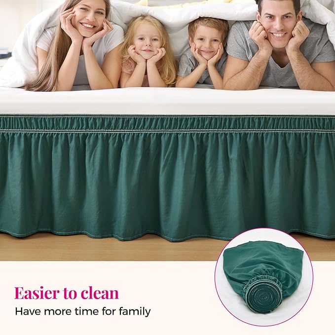 RIMELA Emerald Green Bed Skirt King Size 18 Inch Drop, Wrap Around Elastic Bedskirt, Dust Ruffle for Adjustable Bed Base Machine Washable Easy to Install Bed Skirts