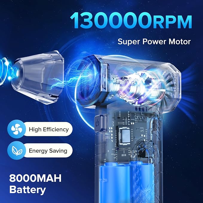 Compressed Air Duster, 8000mAh 130, 000 RPM Keyboard Cleaner, Replace - Image 2